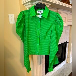 Apple green puff sleeve textured button blouse Medium